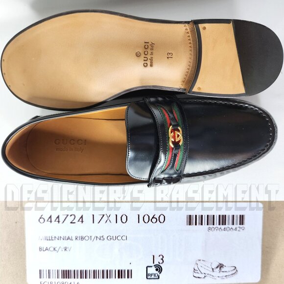 Gucci 13 black KAVEH polished Leather DOUBLE G WEB detail Loafer Shoes NIB - Picture 7 of 13